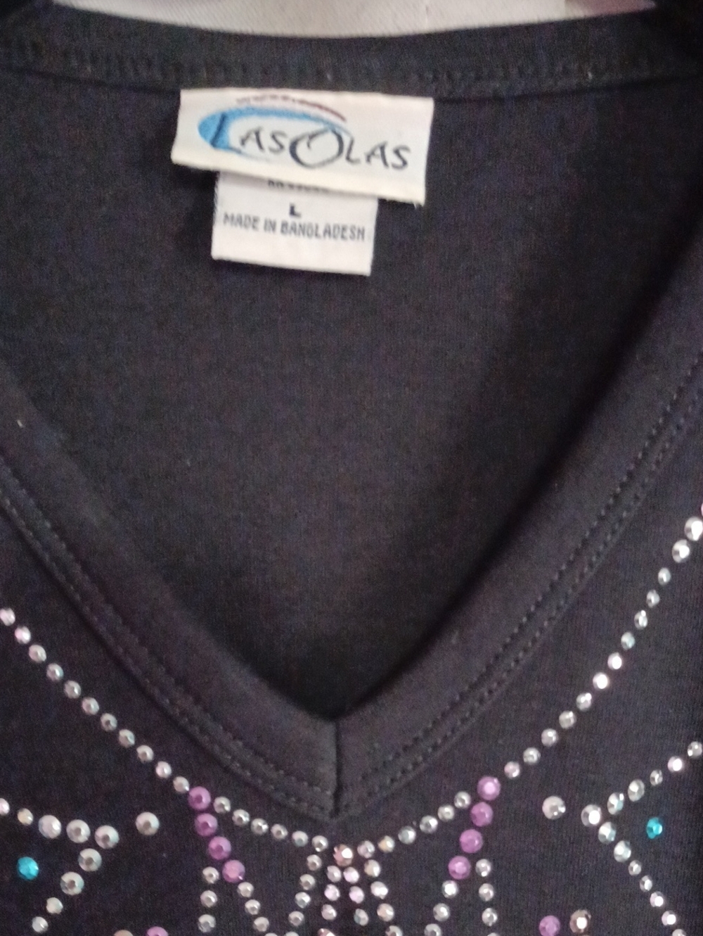 Las Olas Black V-Neck 3/4 Sleeve Combed Cotton Top Silver Teal Purple Rhinestone - Picture 2 of 14